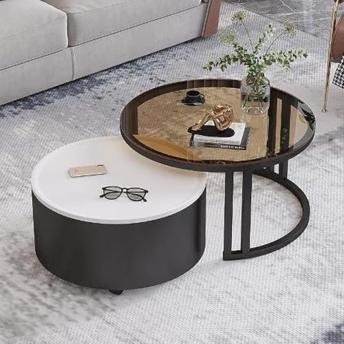 Rivorne Kreativer Runder Couchtisch Aus Glas mit Metallrahmen, Couchtisch Rund 2er Set, Mit Stauraum, für Kleine Räume Wohnzimmer Schlafzimmer Balkone mit Rädern(B-White)