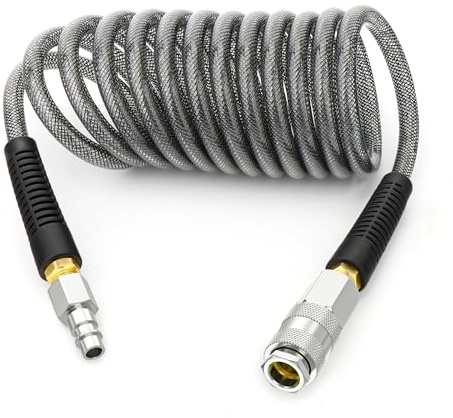 TAILONZ 1/4 x 3M Black PU Recoil Air Hose with Coupler & Plug | Self-retracting recoil hose, bend restrictor prevents kinking, includes 1/4 coupler & plug, for air tools and compressors.