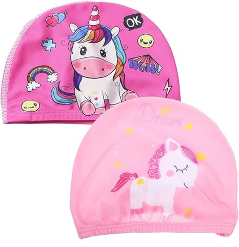 Bonnets de Bain Enfants, 2 Pièces Bonnet de Bain en Polyester pour Enfants de 4 à 10 Ans, Bonnet de Bain de Conception de Cygne Licorne de Dessin, Imperméable/Antidérapant, pour Les Jeunes Nageurs