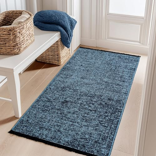 Carpetsale24, Baumwolle Teppich Läufer Blau 80x150 cm Waschbar, Boho-Stil, Vintage Kelim, Kurzflor, rutschfest & Weich, Einfarbig Meliert, Für Küche, Schlafzimmer & Flur