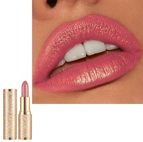 Rose Pink Shimmer Lipstick, Glitter Lip Balm for Women Dry Lips, Pearlescent Longlasting Lipgloss with Creamy Formula, Hydrating Lip Stick Metallic Highly Pigmented