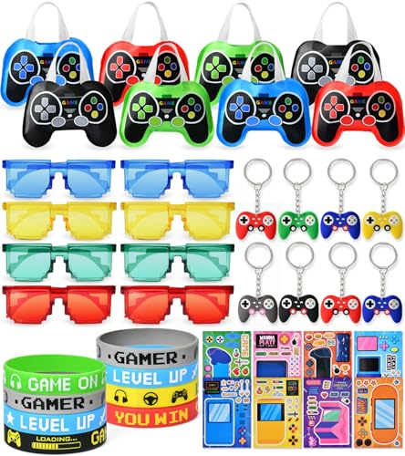 PtyPop Video Game Party Bag Fillers, Gaming Party Favours with Non-woven Gift Bags, Party Glasses, Silicone Bracelet, Keychain, Pinata Party Bags Fillers Birthday Party Supplies for Kids Boys