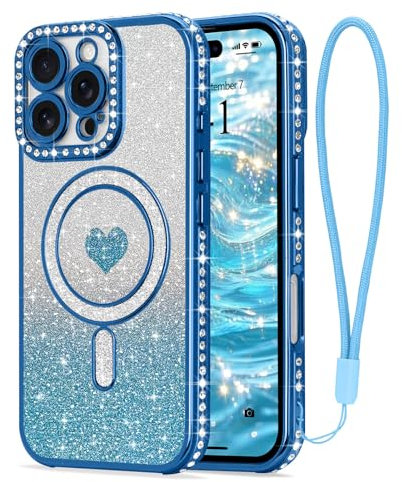 LAPOPNUT for iPhone 16 Pro Magnetic Case [Compatible with MagSafe][Glitter Card & Wrist Strap],Girls Women Bling Sparkle Rhinestone Diamond Raised Lens Protection Cover for iPhone 16 Pro 6.3,Blue