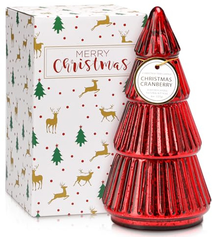 Rote Weihnachtsbaum Kerze aus Glas, 100% Natursojawachs mit Cranberry Duft, 45h Brenndauer, Weihnachtsdeko für Zuhause, Christmas Ideal als Geschenk, 23cm