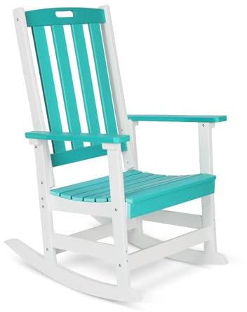 COWVIE Outdoor Rocking Chair, Ergonomic HDPE Rockers with All-Weather Design for Patio or Porch, Lake Blue and White