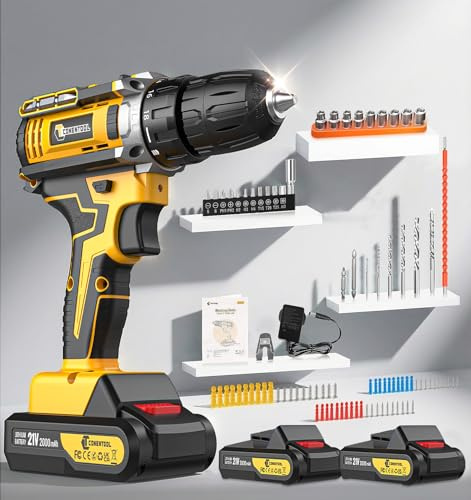 Cordless Drill 21V, Battery Power Drilldrivers, 45N.m Combi-Drill with 2 * 2000mAh Battery and Charger, 3/8” inch Keyless Chuck Torque Setting Electric Screwdriver Kit