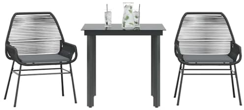 Runheo Salon de jardin 3 pièces en polyrotin noir, plateau en verre, résistant aux UV, 80 x 80 x 74 cm, ensemble de meubles d'extérieur avec coussins pour balcon, terrasse
