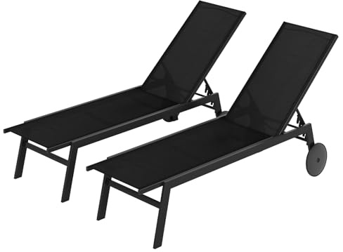 GIANTEX 2er Set Sonnenliege mit Rollen, wetterfeste Gartenliege mit 6-Fach Verstellbarer Rückenlehne, Outdoor Liegestuhl für Garten und Poolbereich, bis 150 KG (Schwarz,2 Liegen)