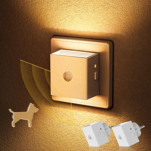 Emeritpro Nachtlicht Steckdose mit Bewegungsmelder und Dämmerungssensor | LED Steckdosenlicht, Dimmbar, Optionaler AUTO/ON/OFF Modus, für Kinderzimmer, Flur, Treppe, Küche, Bernstein, 2 Stück