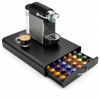TOQUE Coffee Pod Holder, Coffee Pod Storage for 60 Pods, Coffee Machine Stand with Sliding Storage Drawer, Capsule Organizer for Nespresso OriginalLine Coffee Pods, Black