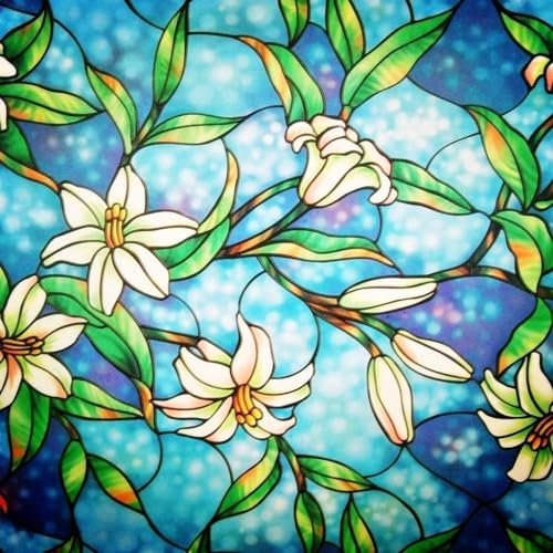 Lifetree Stained Glass Window Film Privacy Frosted Glass Film Static Cling Glass Sticker Non Adhesive Window Film Flower Decorative Film Bathroom Home Office (Green, 44.5x200cm)