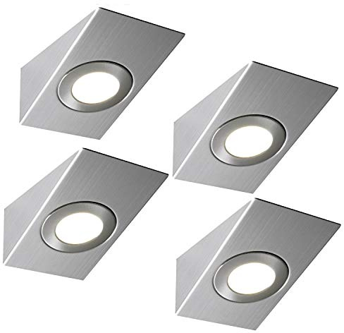 4 Pack | Bright 2.6W LED Under Cabinet Wedge Spot Lights & Driver Kit | Stainless Steel & Warm White | Kitchen Worktop Countertop Cupboard Unit Down Light | Modern Lighting Fitting
