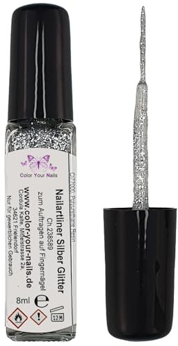 8ml Lackliner Silber Glitter. In Glasflasche. Fineliner Nailartliner auf Nagellack Basis made in Germany