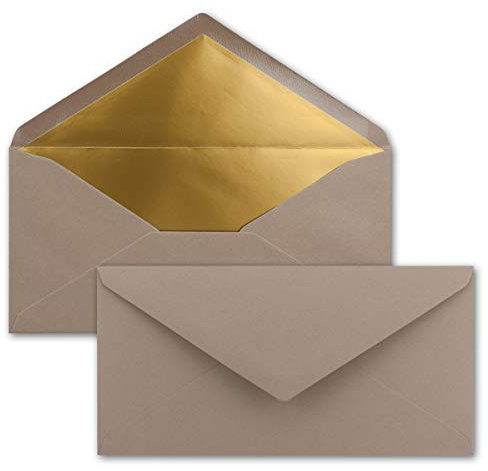 50 Brief-Umschläge DIN Lang - Cappuccino mit Gold-Metallic Innen-Futter - 110 x 220 mm - Nassklebung - festliche Kuverts für Einladungen