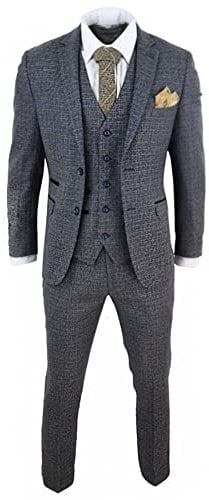 Mens 3 Piece Suit Tweed Check Vintage Retro Tailored Fit 1920s Navy Blue