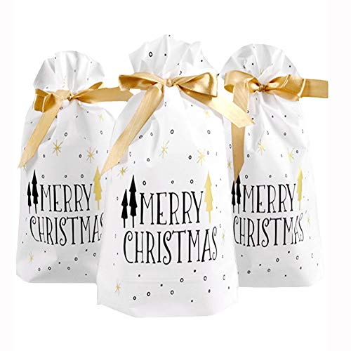 Weihnachten Geschenkbeutel mit Kordelzug,50 stücke Urlaub Rot Rentier Weihnachts Paket Geschenk Süßigkeiten Süße Tasche Kunststoff Weihnachten Goody Bags für Hochzeitstag Frohe Weihnachten (D)