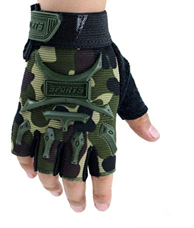 Long Keeper 4-9 Y Kids Half Finger Gloves Boys Girls Anti-slip Tactical Cycling Mittens (Camo, M)