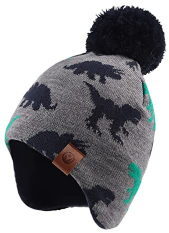 XIAOHAWANG Gestrickte Babymütze, Winter, warme Mütze mit Fleecefutter für Jungen, Mädchen, mit Bommel, 4-7 Jahre