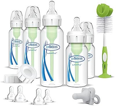 Dr. Brown's Brown’s Anti-Colic Options+ Narrow Baby Bottle Newborn Essentials Gift Set with 4oz & 8oz Bottles, Brush 100% Silicone HappyPaci, 17 Piece Set