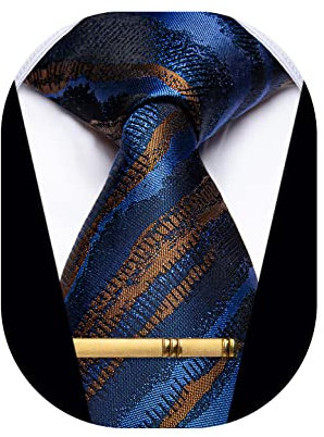 YourTies Herrenkrawatten, gestreifte Krawatte und karierte Krawatten für Herren, gewebte Seide, goldfarbene Krawattenklammer-Set, Blaue und braune Streifen, Einheitsgröße