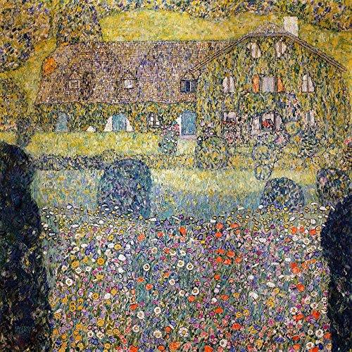 ART-TELA-allungato-su-LEGNO -BARS Casa di campagna sul lago Attersee Klimt Gustav - Immagine quadrata Paesaggio Casa di campagna sul lago Attersee Stampa artistica 25_X_25_in
