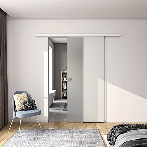 100x225 cm Porta Scorrevole in Vetro da 8 mm Temperato Opaco con Pellicola Anti-frantumi con Binario in Alluminio Bianco Verniciato