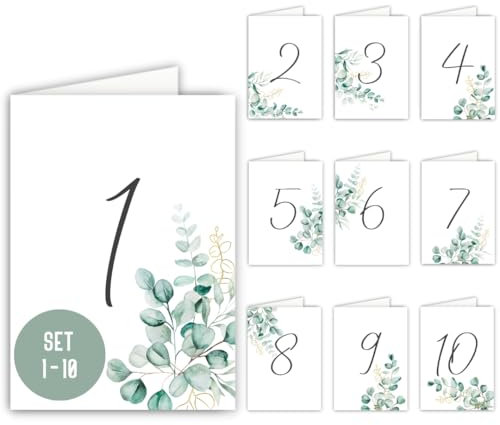 Tischnummern Hochzeit 1 bis 10 | Tischnummerierung | Nummern Zahlen für Geburtstag Party Empfang Veranstaltungen Catering | Dekoration Hochzeit Tisch (Grün Eucalyptus)