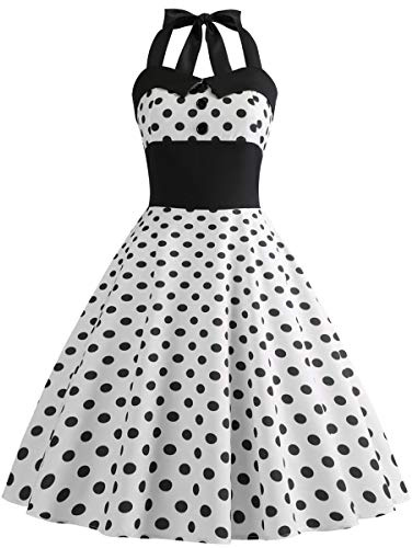 Robe Vintage Années 50 Femme Retro Rockabilly Pin Up Élégante Robes sans Manche Dos Nu Décolleté en Cœur Polka Dot Trapèze Mariage Cocktail Soirée Fête Cérémonie Décontractée au Genou Midi #Blanc L