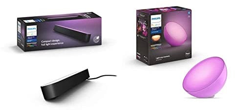 Philips Hue Play White and Colour Ambiance Smart Light Bar Single Pack Base Unit, Black & Go 2.0 White & Colour Ambiance Smart Portable Light with Bluetooth, Works with Alexa and Google Assistant