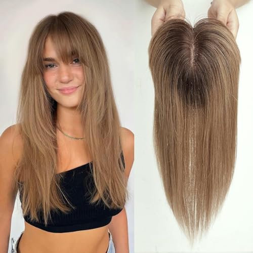 HAIRCUBE Haartopper echtes Menschenhaar für Frauen Ombre Asche blondes Haartopper mit Pony 120% Dichte Seide Basisclip in Topper 14 Zoll 40 Gramm