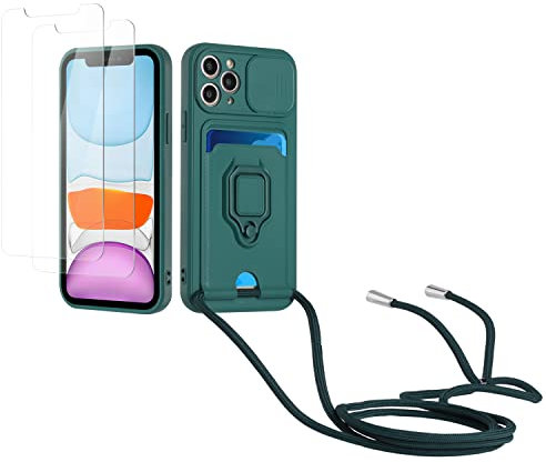 Kaslly Case für iPhone 11 Pro Handykette Hülle+[2 Schutzfolie Glas],Slide kameraschutz,Silikon Handyhülle zum Umhängen Kette,Kartenfach-dunkelgrün