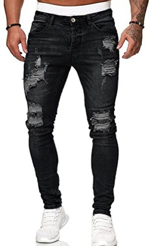 Osheoiso Vaqueros Rasgados de Hombre Skinny Denim Jeans Vintage Pantalone con Cremallera Moda Casuales Elasticos Agujero Pantalón Largo Vaqueros Ajustados A Negro L