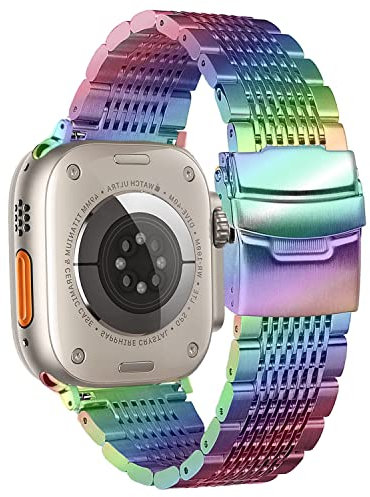 DEALELE Cinturino con iWatch 42mm 44mm 45mm 49mm, Bracciale di Ricambio Acciaio Inossidabile Metallo Solido a 15-Righe per Apple Watch Series 8/7 / 6/5 / 4/3 / SE/Ultra, Arcobaleno
