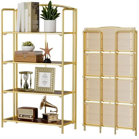 Crofy Folding Bookcase, No Assembly, 4 Floors, Gold, Metal Bookshelf for Storage, Folding Bookshelf for Office Organization and Storage, 32 x 76 x 140 cm (D x W x H)