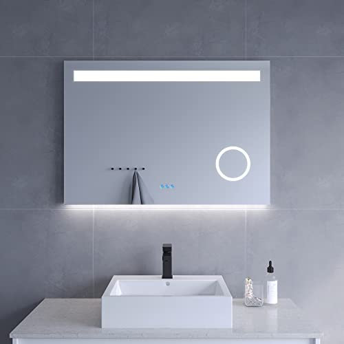 LED Badspiegel mit Beleuchtung Wandspiegel Badezimmerspiegel Bluetooth 100 x 70 cm Kosmetikspiegel Schminkspiegel Touch Schalter Dimmbar für Wandschalter Spiegelheizung Kaltweiß 6400K Hohe Helligkeit