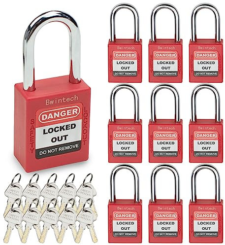 Bwintech 10 candados de seguridad rojos con llave de 38 mm para bloquear estaciones y dispositivos