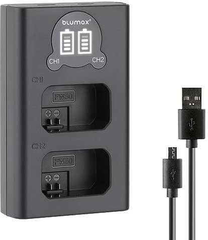 Blumax NP-FW50 Mini Dual LCD Charger Compatible with Sony ZV-E10 ILCE 3000K XQ1 Alpha 5000 5100 6000 6100 6300 6400 6500 A33 A35 A37 A55 A3000 7 7II 7R 7R 7RII 7s 7s ii