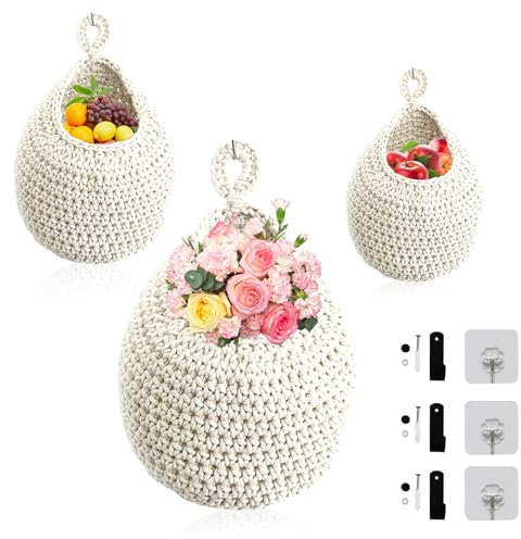 Ruiqas Hängende Wandkörbe, handgewebt, Tropfenform, Bohemian-Wandkörbe für Obst, Gemüse, Knoblauch, Kartoffel, 3 Stück