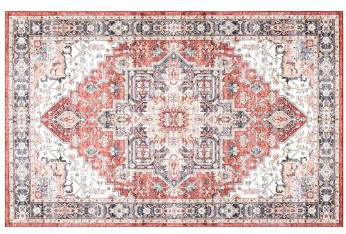 Carvapet Waschbar Läufer Teppich 150x210cm rutschfest Lang Dünner Teppiche Gegend Vintage Medaillon Rot Teppich für Wohnzimmer Schlafzimmer Küche