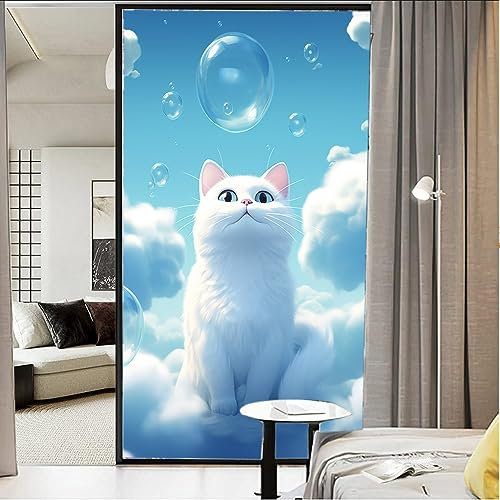 Sichtschutzfolie mit niedlichem Katzen-Motiv, blauer Himmel, Schaumstoffwolken, Buntglas-Fensterfolie, dekorative Fensterfolie für Fenster und Glastür, Sonnenblockierung, 70 x 120 cm (B x L)