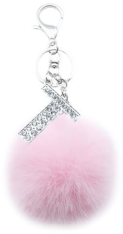 Xsclpomddy Pom Pom rosa. Schlüsselbund künstliche weiche Kaninchenhaar Taschenanhänger Ball Schlüsselanhänger mit Buchstabe A-Z für Handtasche Dekoration,pink T