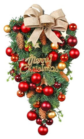 Doumneou 1 x Hängeornament, künstlicher Weihnachtskranz, Dekoration aus Kunststoff und Metall, Weihnachtskranz für Haustür, Wand, Kamin