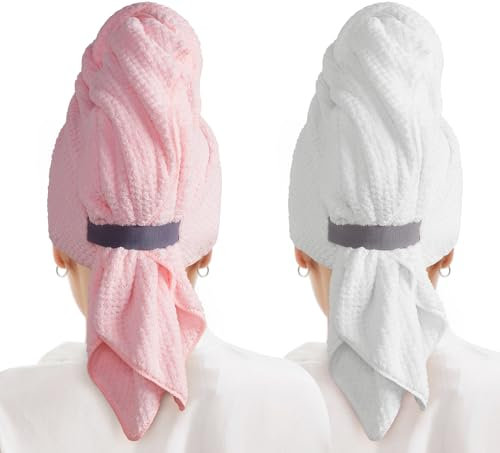 MABAO Confezione da 2 asciugamani in microfibra per capelli da donna, ad asciugatura rapida, turbante con fascia elastica, asciugamano in microfibra per capelli ricci, capelli lunghi e spessi, 66,8 x