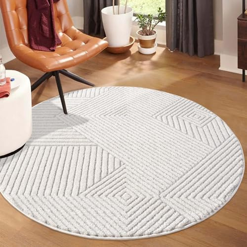 carpet city Kurzflor Teppich Grau, Creme - 120 cm Rund - Wohnzimmer-Teppiche Hochtief-Muster, 3D-Effekt - Geometrisches Muster, Gestreift - Flachflor Bodenbelag, Deko Schlafzimmer