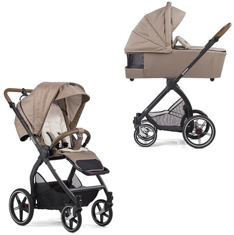 Gesslein Kinderwagen FX4 Swing mit Babywanne Panorama Lyx (Kinderwagen 3 in 1, Liege- & Sitzoption, Sportwagenaufsatz, individuell einstellbar, hoher Komfort, geringes Packmaß, Handbremse), Beige