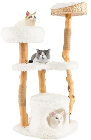 SOARS Kratzbaum Holz, Katzenbaum mit 3 natürlichen Birnbaumstämmen, Katzenhöhle & Plüschflächen, Katzenkratzbaum mit handgeflochtenes Katzenbett & Juteseil, Katzenmöbel, mehrstöckig, 48 x 48 x 124cm