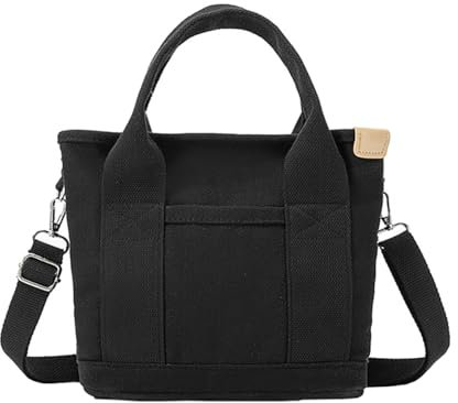 Kleine Tragetasche für Damen, Canvas Griff Umhängetasche Schultertasche, Hobo-Handtasche, Alles-Einkaufstasche Tote mit mehreren Taschen und Reißverschluss (Schwarz)