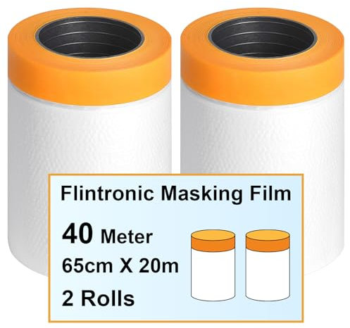 flintronic Ruban de Masquage, 2 Rouleaux Transparent Bache de Protection Peinture, Masker peinture avec Ruban de Adhésifs pour plastique, pour Peinture/Meuble/Sol de Protection(65cm*20m)
