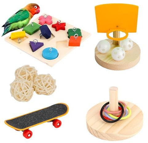 Hsthe Sea 4-teiliges Papageien-Kauvogel-Baumschmuck-Ring-Basketballkorb-Skateboard-Set für Wellensittiche, Nymphensittiche, Sittiche, Vogel-Spielzeug-Zubehör