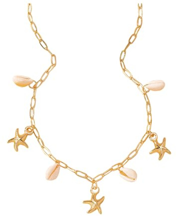 QKEPCY Muschelkette für Damen Mädchen Natürliche Muschelketten mit Gold-Seestern-Anhänger Boho Muschel Halskette Sommer Strand Schmuck